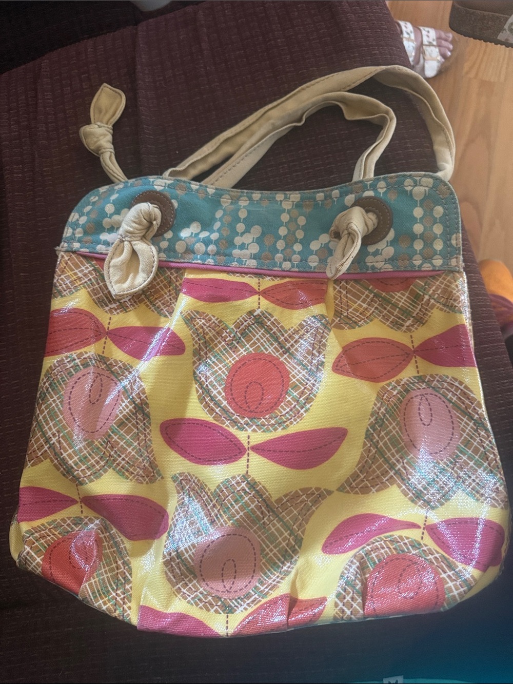 Fossil Yellow Floral Pattern Tote with Pink and Teal Accents
